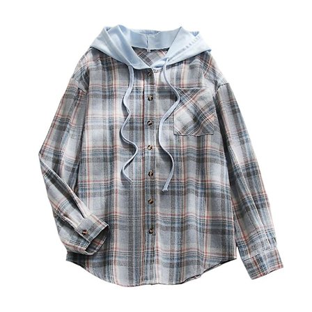 Afslappet dame plaid skjorte med hætte, moderigtig løs langærmet knap ned bluse, himmelblå