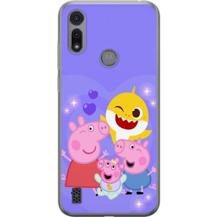 Kompatibelt Mobildeksel til Motorola Moto E6i Peppa Gris mønster med hjerter, sommerfugler og venner, lys rosa bakgrunn i myke barneillustrasjoner