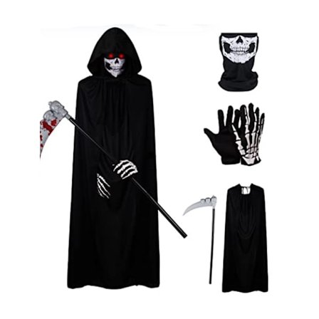 Halloween Horror Mand med le-kostume med hætte, dødningehovedmaske, handsker og le - det perfekte Halloween-outfit til voksne [GKS] barn