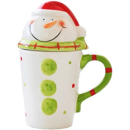 Keramisk julekrus med låg, vintage snemand kaffekrus, sødt tegneserie krus, jul, nytår, vinterferie, bryllupsfest gave, hjemmekontor (B)