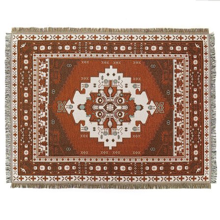 1 stk 160x130cm strikket brunt rutete teppe dekorert med frynser