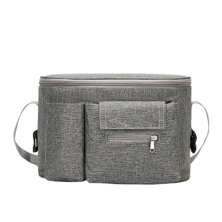 Barnvagnsorganisatör, Buggy-organisatör, Barnvagnsorganisatörväska med mugghållare och axelrem (grå)