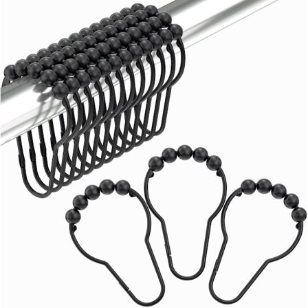 Gardinringe i rustfrit stål, sæt med 12 sorte kroge til brusestænger