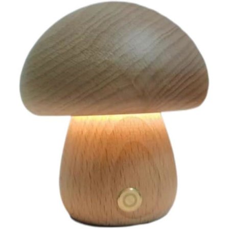 Svampelampe til soveværelse, bærbar dæmpbar sengelampe med USB-opladning, trådløs natlampe i træ, svampebordlampe til boligindretning (lille)