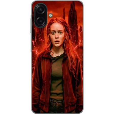 Kompatibelt Mobilskal till Samsung Galaxy A07 4G Porträtt av en ung kvinna med rött hår i en apokalyptisk landskap, röda blixtar och mörka klippf