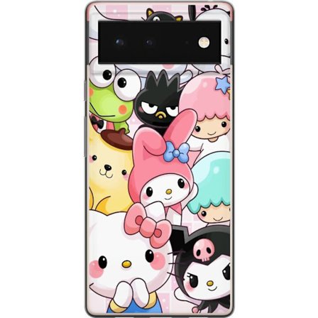 Kompatibelt Mobildeksel til Google Pixel 6 Tett mønster av søte figurer med store øyne i ulike farger og uttrykk med LABUBU-tekst