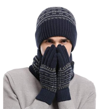Vinterhanskesett med berøringsskjerm, stretchstrikket fleeceforet lue- og skjerfkombo, termisk 3-delt gavesett for menn og tenåringer B