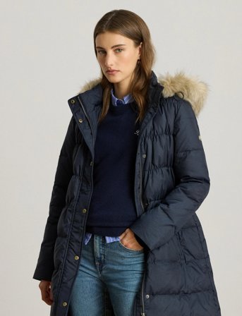 Lauren Ralph Lauren Faux-Fur-Trim Hooded Down Coat - Navy - S