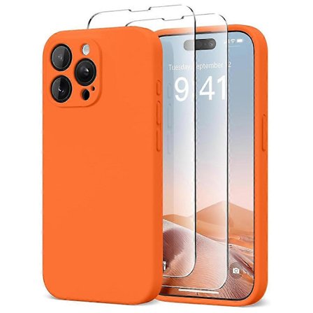 iPhone 15 Pro -puhelimen kuori, yhteensopiva MagSafe-nestesuojakuoren kanssa, sisältää 2 karkaistua lasikalvoa (oranssi)