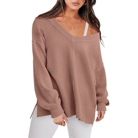 Dame Langærmet Skjorte V-hals Off Shoulder Oversized Strikket Pullover Sweatshirt Løs High Low Efterårs Tunika Toppe