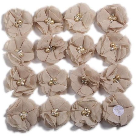 16 kappaletta 2-tuumaisia mini sifonkikukkia, kukkakoriste, koristeltu strasseilla ja helmillä, täydellinen tee-se-itse-askarteluun (khaki).