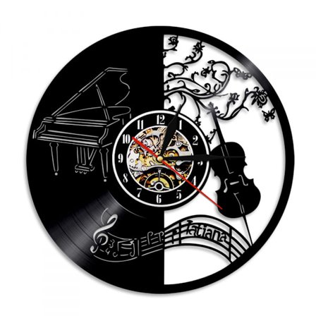 Musikvynil väggklocka - Musikinstrument Fiol Piano Väggklocka - Vinylklocka - Vardagsrumsväggdekor - Unika presenter till musikälskare