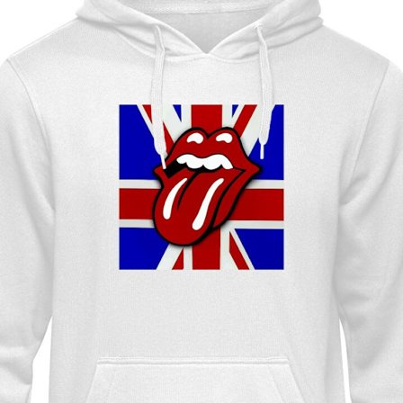 Hoodie Rolling Stones Lips med brittisk flagga i bakgrunden, en klassisk och färgstark motiv för musikälskare