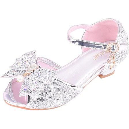 Prinsessesko til piger i alderen 2-8 år, elegante dansesko med hæl, peep-toe festsko, cosplay sko, glitter bryllupssko med sløjfe.