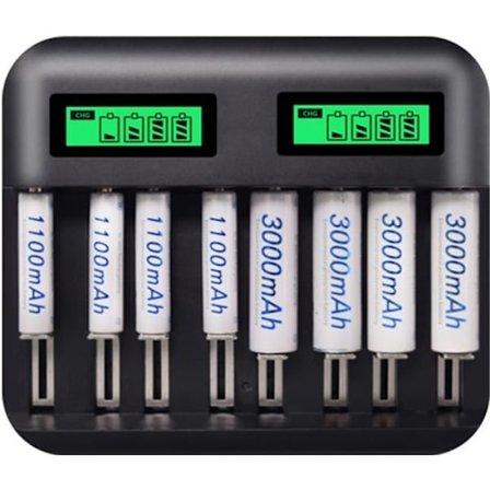 LCD Display USB Batterioplader med 8 Batterier til AA AAA CD Størrelse Genopladeligt Batteri