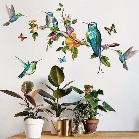 Kolibri Planter Dyr Smukke Fugle Blomster Sommerfugl Farvet Vinyl Aftagelig Vægkunst Dekorationer til Stue Soveværelse Vægmalerier