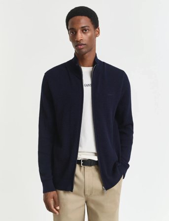 GANT Textured Cotton Merino Cardigan - Navy - XL