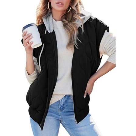 (M) Huvad Vinterväst Kvinnor Zip Up Ärmlös Quiltat Västar med Fickor