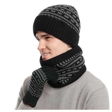 Vinterhanskesett med berøringsskjerm, stretchstrikket fleeceforet lue- og skjerfkombo, termisk 3-delt gavesett for menn og tenåringer B