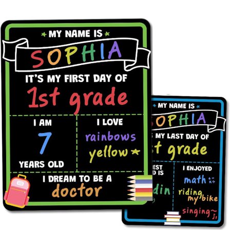 2 stk. Første skoledag skilt - 35,5 x 28 cm, dobbeltsidig og gjenbrukbart - Min første og siste dag - Skolemateriell tavle for barnehage