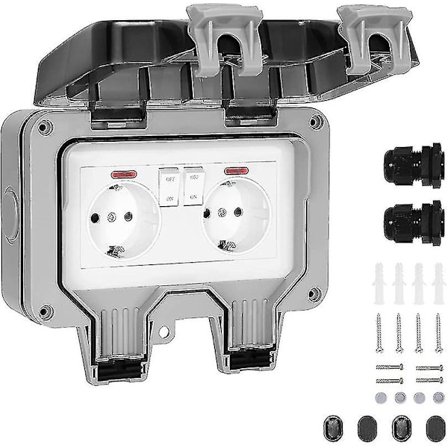 IP66 Vanntett Utendørs Stikkontakt Dobbel Strømuttak og Beskyttelseslukke Hagevegg Strømbånd, Støvtett og Vindtett Stikkontakt med Bryter, Indikat