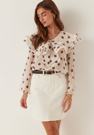 Bubbleroom Occasion - Flounce Sheer Blouse - Cream/Brown