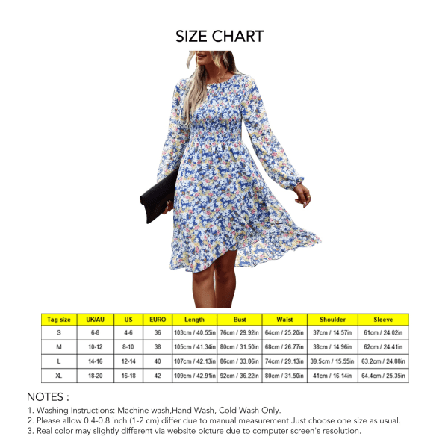 Langærmet kjole til kvinder, rund hals, løs kjole, print, midje, elegant, casual nederdel, blå, XL