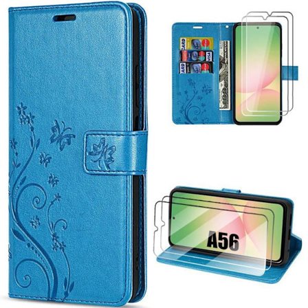 Coque för Samsung Galaxy A56 5G - BOOLING - Stötabsorberande Mikro läder med blomsterdesign - Blå - 2 Härdat glas