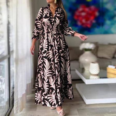 Lång Klänning Midjetight Pullover Bohemian Printed Långärmad Big Hem Klänning Black Pink S