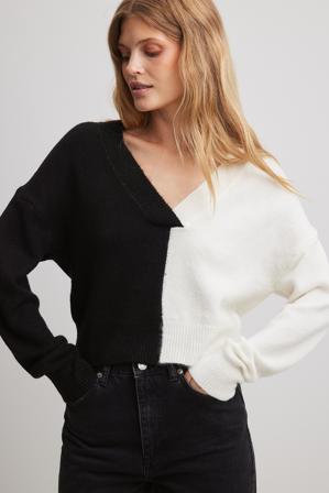 NA-KD Trend Pull en tricot col en V à blocs de couleurs - Pulls en maille - Multicolore - Small