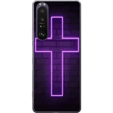 Yhteensopiva Puhelinkuori Sony Sony Xperia 1 III Neonristi purppuranvalossa tummaa tiiliseinää vasten, symbolinen motiivi vahvalla hohto moderni est