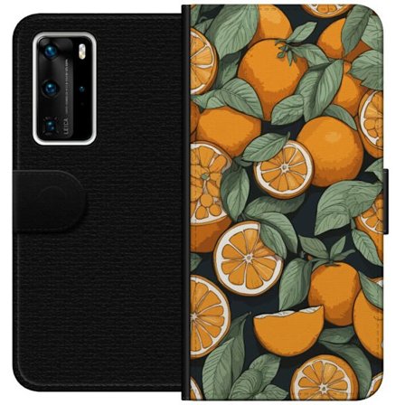Kompatibel Tegnebogsetui til Huawei P40 Pro Illustreret citrusmønster med appelsiner og grønne blade på mørk baggrund i dekorativ stil