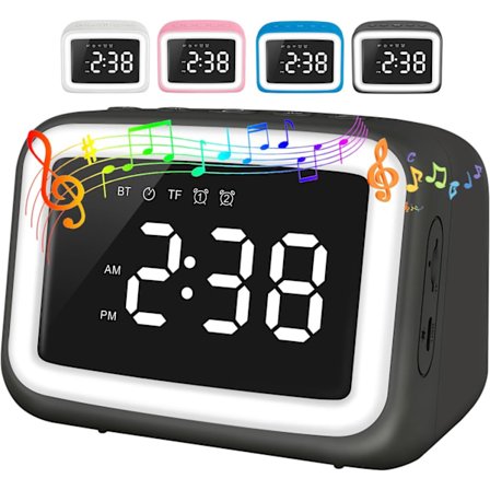 Barnealarmklokke med Bluetooth-høyttaler for soverom, Ok to Wake-alarmklokke for barn med dimbart nattlys, digital klokke med doble alarmer, slumre