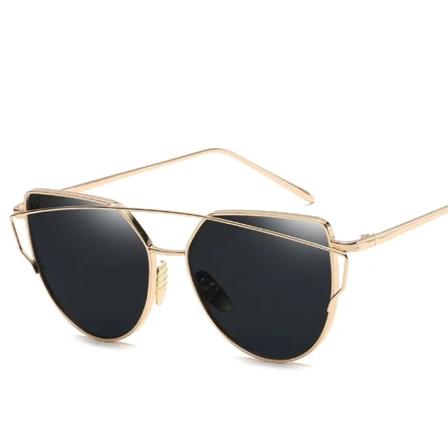 Nytt mode Cat Eye Vintage Rose Gold Spegel Damsolglasögon Metall Reflekterande Flat Lens Tourism Solglasögon Flerfärgad stil gold-black