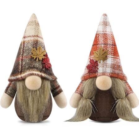 Sett med 2 Høst-Plushdekorasjoner Håndlagde Nisse Lønnsblad Hjem Ornamenter Buffalo Rutete Julebordfest Figurer