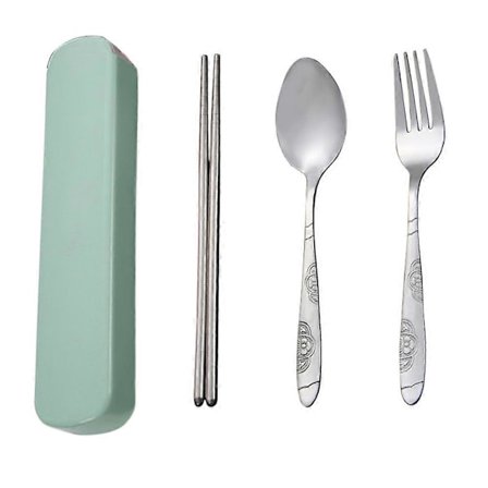 Bordservice Rustfrit Stål Rejse Camping Bestik Gaffel Ske Spisepinde med Æske