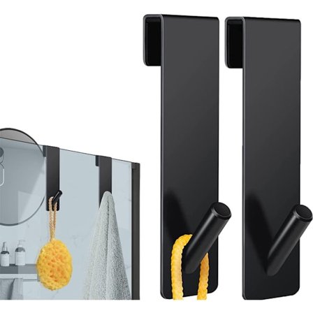 Dusjkroker i rustfritt stål - Sett med 2 - Dusjveggkroker - med antiskli-puter - Håndklekroker - Baderomskroker - Svart - 16,5 x 2,5 cm