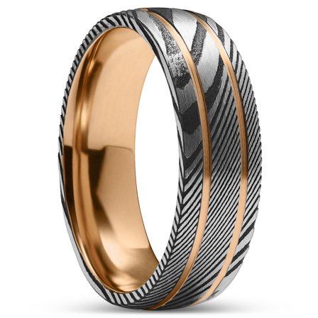 Fortis | 7 mm Double Grooved Damascus Steel and Rose Gold-Tone Titanium Ring for Men - Steel rings