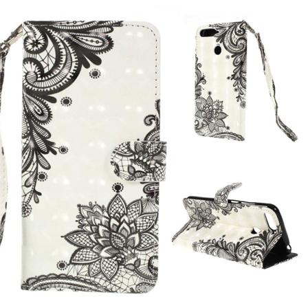 Huawei Y6 (2018) mobiletui i kunstlæder med printet mønster - Sort Blomst Black