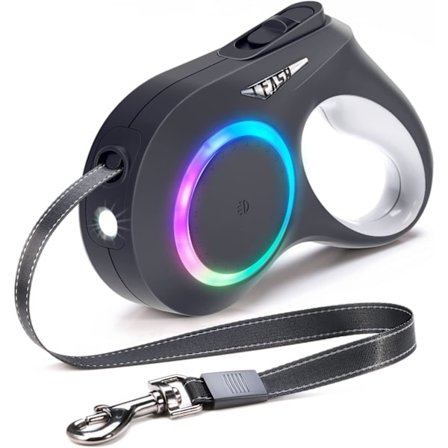 Indtrækkelig hundeline - 16 ft indtrækkelig line med LED-lys - Genopladelig, sammenfiltringsfri og skridsikker håndtagsgåline (sort)