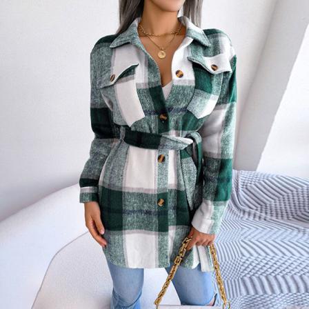 Kvinnor Button Down Lapel Neck Jacka Lace Up Med Pockets Coat