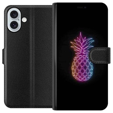 Yhteensopiva Lompakkokotelo Apple Apple iPhone 16 Plus Neonkuvitus ananaksesta värikkäässä valossa mustaa taustaa vasten