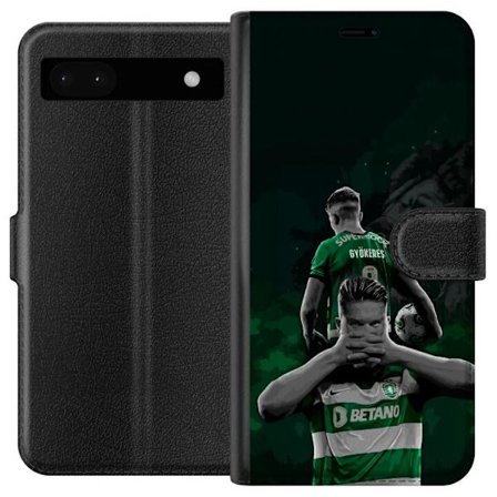 Yhteensopiva Lompakkokotelo Google Pixel 6a Neonmotiivi, jossa teksti "Gaming is in my DNA" sinisenä ja punaisena tiiliseinällä, jossa loistava DNA-sp