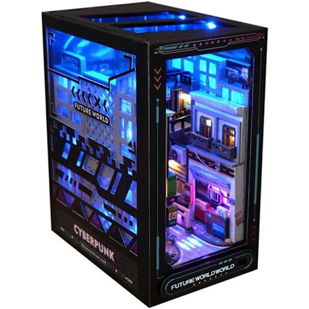Bogkrog, DIY Miniature Dukkehus Sæt, 3D Miniature Boghus Træpuslespil, DIY Bog Indsætningssæt (Cyberpunk)