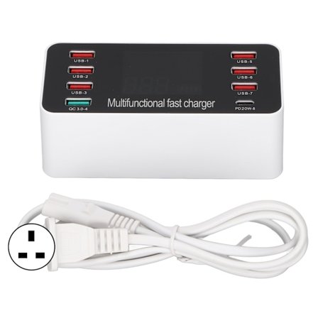 60W Multi USB-laddare 8-portars skrivbordsladdningsstation med snabbladdning 3.0 USB-port typ C-port och LCD-display 100‐240VUK-kontakt