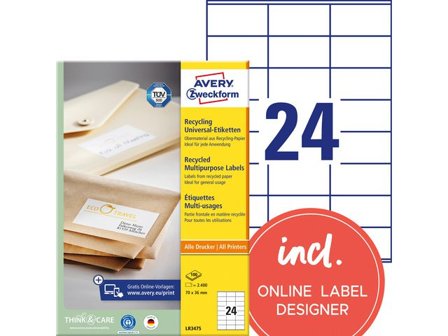 AVERY Etikett återvunnen 70x36mm 2400/fp - Lyreco - Emballage och lagerutrustning - Etiketter och godsmärkning - Multifunktionsetiketter