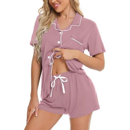 Dam Pyjamas Set Kortärmad Nattkläder Dam Knapp Ned Nattkläder PJ Set med Ficka XL