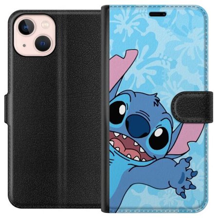 Kompatibelt Lommeboketui til Apple iPhone 13 mini Leken illustrasjon av Stitch som strekker seg mot kameraet på lyseblå blomstret bakgrunn