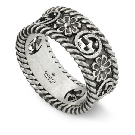 Gucci Gucci - Ybc577263 - 925 sterline dargento - Ring with interlocking G and flower motif in aged sterling silver Grå, Dame Ringe