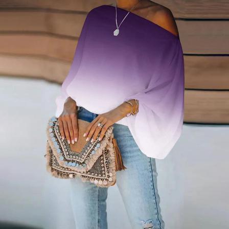 Dam Off Shoulder Pullover Print T-shirt Med Lykta Ärmar